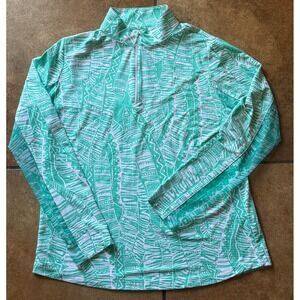 IBKUL Athletic Pullover Long Sleeve Large Green White Feather Print UPF 50+